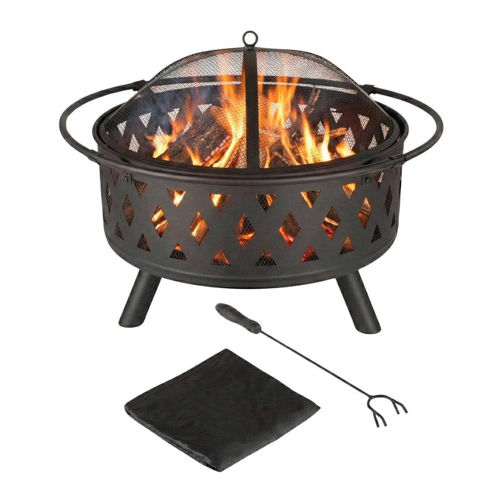 Pure Garden Outdoor Fire Pit with Cross Weave Pattern, Black, 32-Inch
