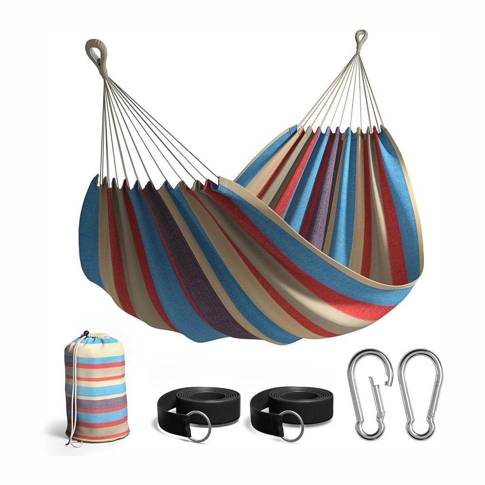 Sorbus Brazilian Double Hammock, Cotton Bed (Blue/Sand/Purple/Red Stripes)