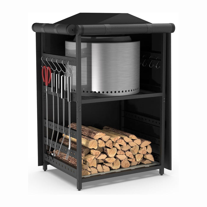 Storage Station for Solo Stove Bonfire, Yukon, Ranger, Firewood Rack Outdoor with Cover, Storage Rack for Fire Pit Accessories, with Waterproof Cover, Adjustable Shelf, Iron Black