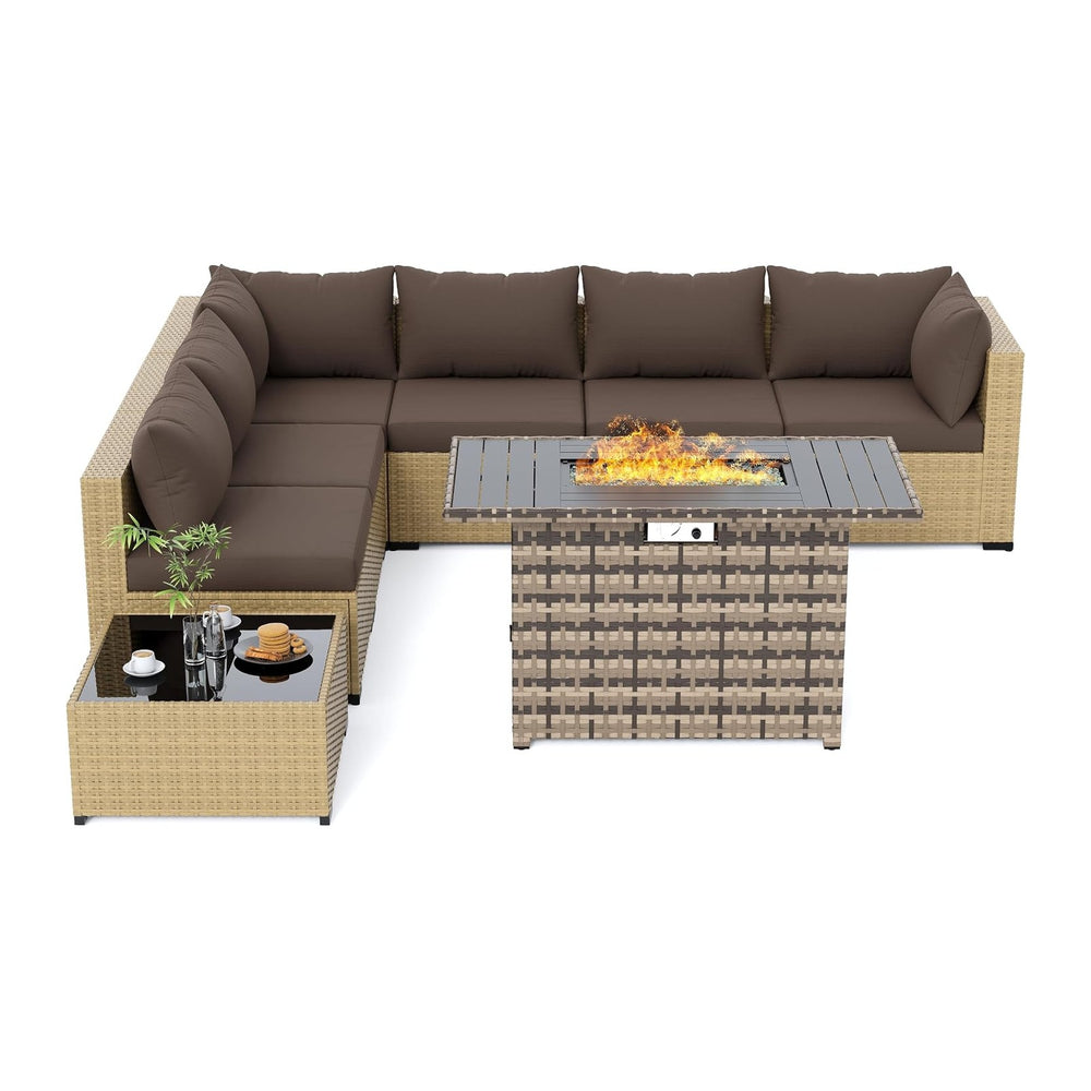 UDPATIO Outdoor Furniture 8-Piece Wicker Patio Set with 44" Fire Pit Table