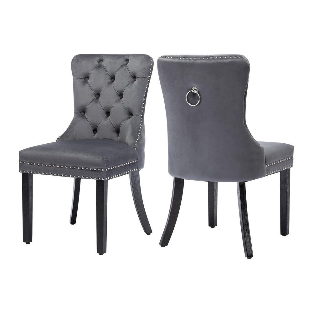 Velvet Dining Room Chairs Set of 2, Button Tufted, Wood Legs, Dark Gray