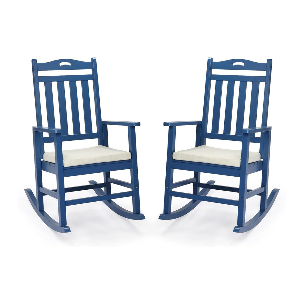 VINGLI Outdoor Rocking Chair Set of 2 Wood Rocking Chair with Cushion Blue