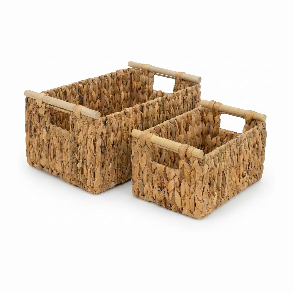 Water Hyacinth Storage Baskets, Wicker Shelf Baskets with Wooden Handle