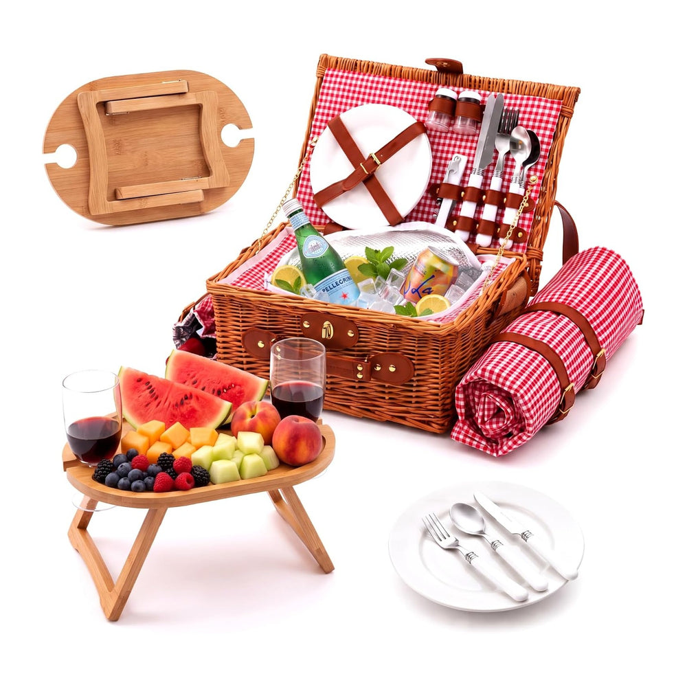 Wicker Picnic Basket Set for 2 with Foldable Table, Blanket, Insulated Liner,...