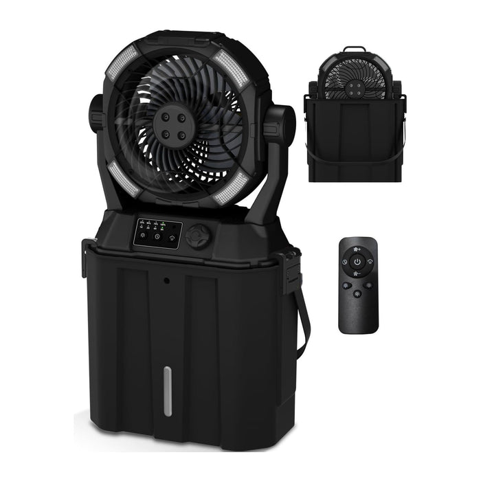 Wilody Portable Misting Fan Rechargeable with Remote Control, 6L Bucket Camping Fan with LED Lights & Stepless Speed Control & Cooling Mist, Portable Handle & Rotate Hook, Timer Function