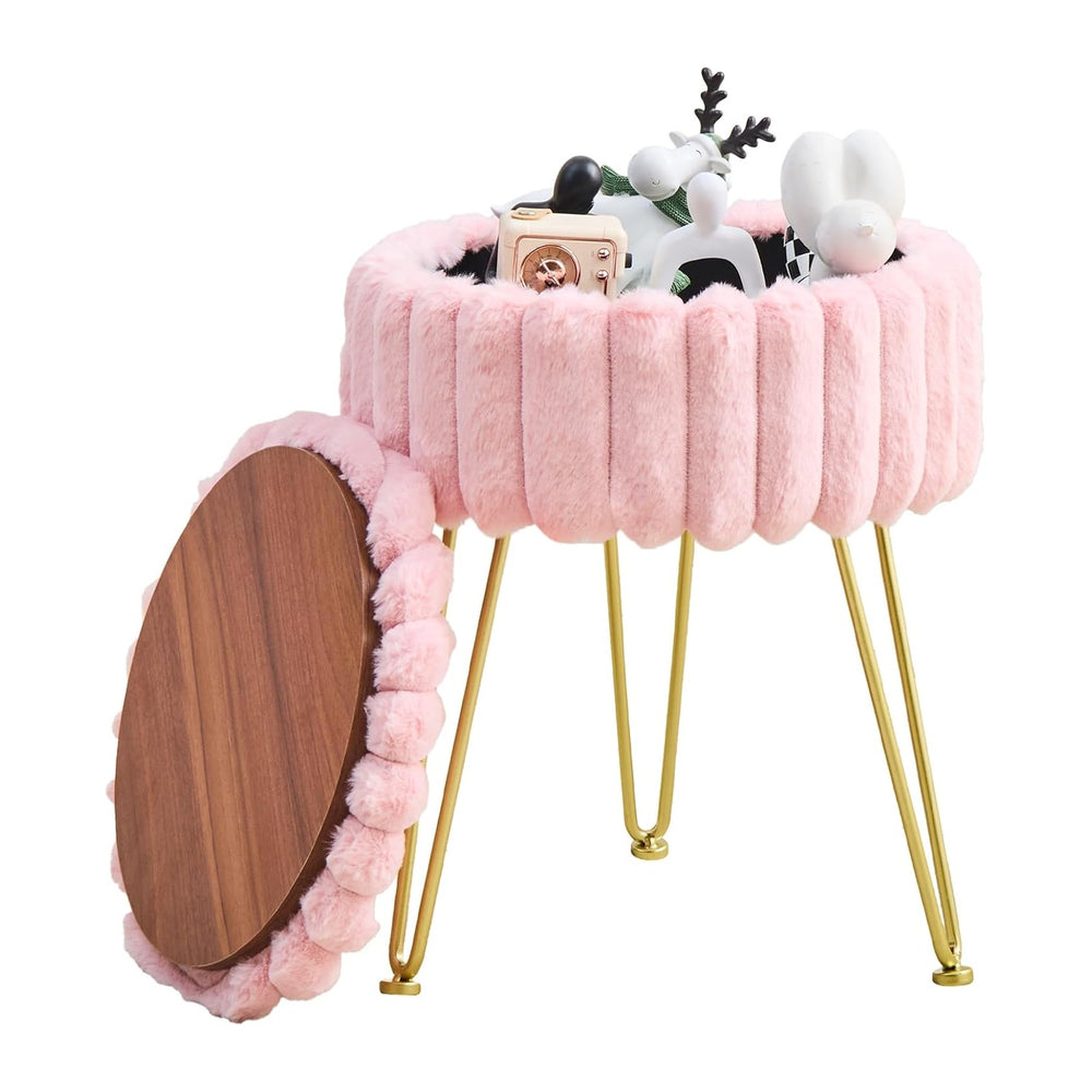 Wimarsbon Vanity Stool with Storage, Faux Fur Ottoman Chair with Metal Legs, ...
