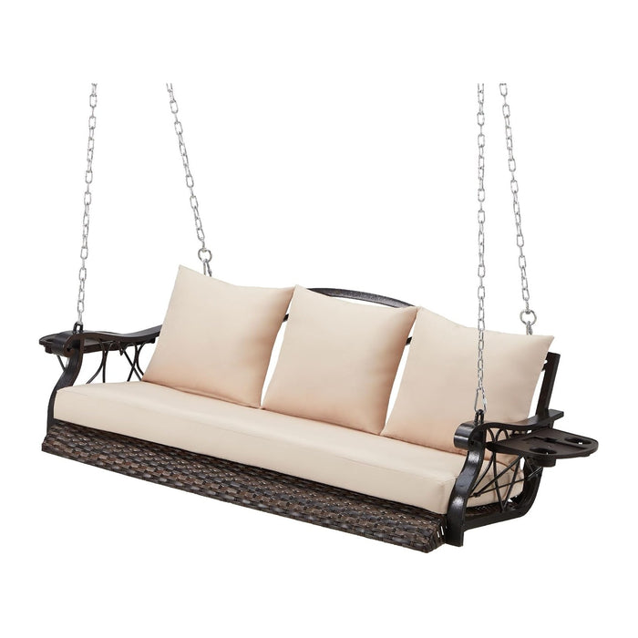 ZZW 3-Person Wicker Porch Swing Chair Heavy Duty 900 LBS Outdoor Rattan Patio Swing Chair w/Cup-Holder & Steel Chains Hanging Bench Porch Swing Cushions for Deck & Backyard & Garden