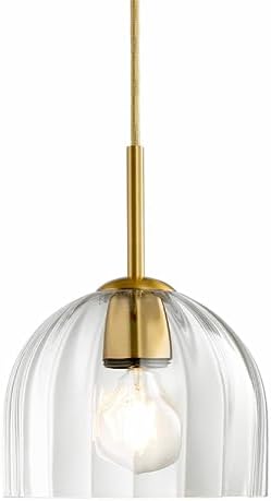 Clear Ribbed Glass Pendant Light Kitchen Island 7.8Inch Brass Hanging Lamp
