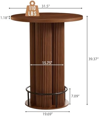 Round Bar Table 39.37" H Wood Fluted Bistro Pub Table (Walnut)