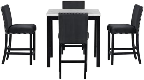 Merax Dining Table Set for 4, Counter Height Kitchen Table with Faux Marble D...