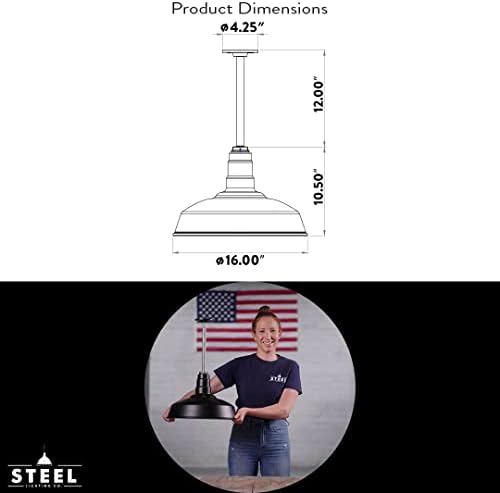 12" Sloped Stem Barn Light Pendant 16" Dome | Garage Workshop | Mat...