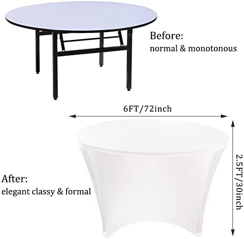 8 Pack 6FT Round Spandex Tablecloth 72” White Elastic Table Cover Washable Wr...