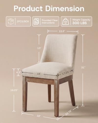 HNY Beige Linen Fabric Dining Chairs Set of 2 with Comfortable Back Support