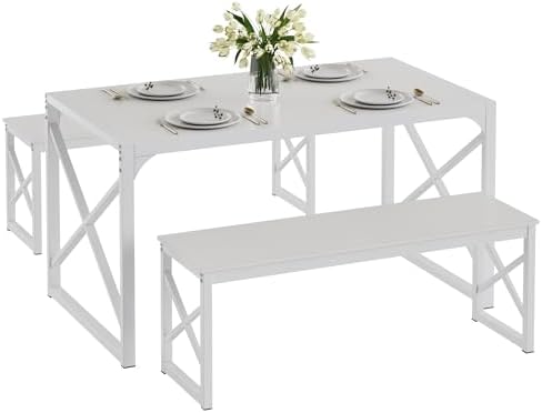 VECELO 55” Kitchen Dining Table Set for 4, Heavy-Duty Steel Frame & Wood-...