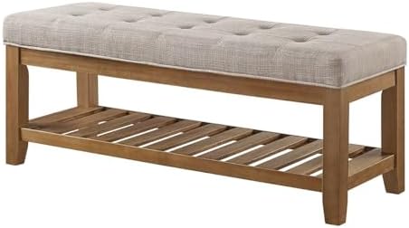 24KF Large Rectangular Upholstered Tufted Linen Fabric Ottoman Bench, Padded ...
