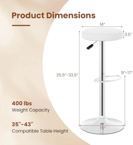 COSTWAY Height Adjustable Swivel Backless Round Bar Stools, White