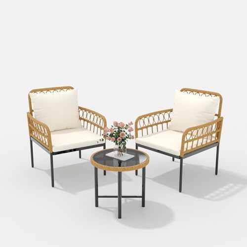 3-Piece All-Weather Wicker Rattan Bistro Patio Furniture Set with Glass Table...