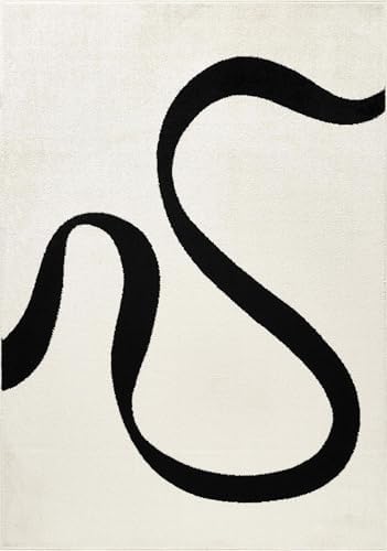 Abani Black and Cream Area Rug | 9' x 12' White Abstract Swirl Wave C...