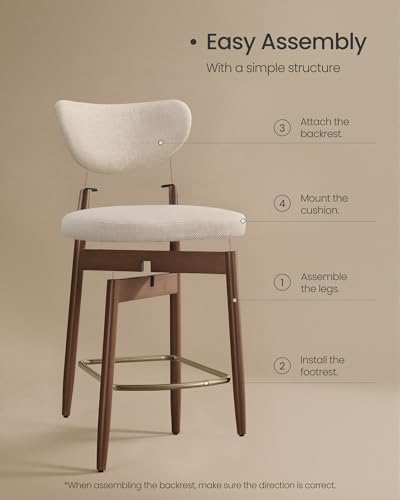 VASAGLE Wooden Bar Stools Set of 2, Linen-Look Fabric, Cappuccino Beige
