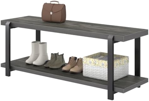 EXCEFUR Industrial Entryway Bench with Storage, Rustic Wood and Metal Shoe Ra...