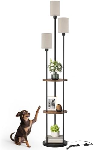 70.9" Floor Lamp with Shelves, Modern Floor Lamp with 3 Linen Shades and...
