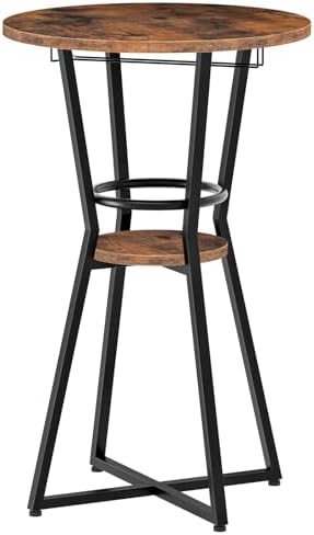 HOOBRO Round Bar Table, 2-Tier Counter Height Pub Table with Wine Glass Holde...