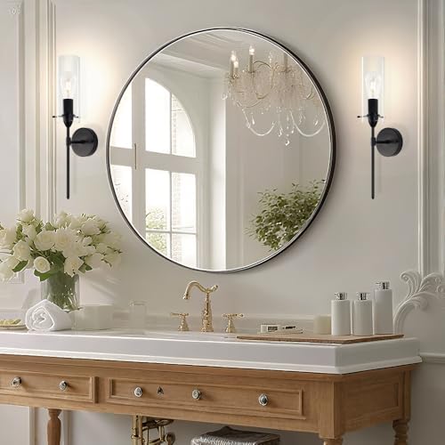 Modern Wall Sconces Set of Two, Black Wall Sconce with Clear Glass Shade, Har...