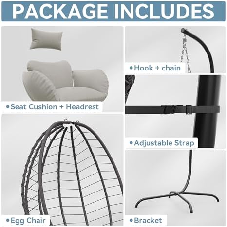 ALAULM Foldable Egg Chair with Stand, 485LBS Capacity Wicker Rattan Hammock S...