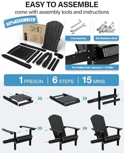 YEFU Adirondack Chair with Cup Holder, All-Weather Outdoor Chair, Black