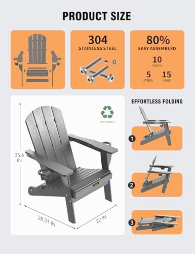 Folding Adirondack Chair, Wooden Textured Plastic Adirondack Chairs with 2 Cu...