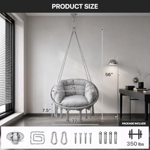 Athena Collection Hammock Chair with Hardware Kit & & Cozy Cushion, Gray