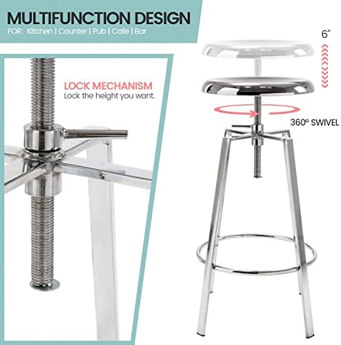 Atlas Industrial Bar Stools Set of 2, Adjustable Swivel Metal, Chrome