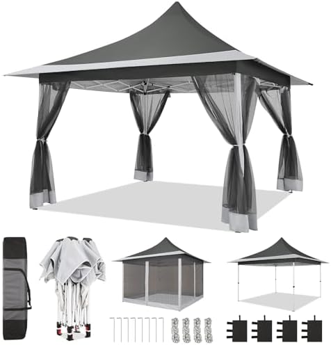 COBIZI 12x12 Pop Up Gazebo with Mosquito Netting,Peaked Roof Canopy,Gray