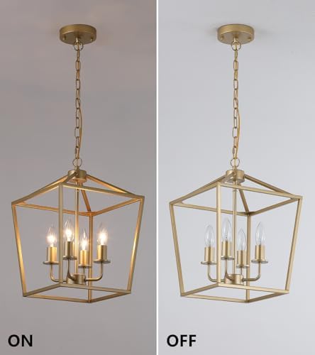 Industrial 4 Lights Chandelier, Gold Lantern Ceiling Light Fixtures with Rust...