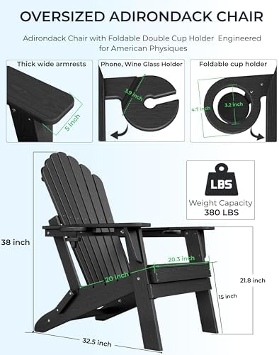 HDPE Folding Adirondack Chair with 2 Cup Holders, Black
