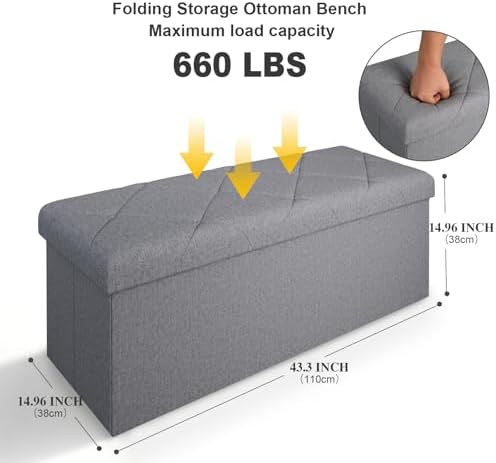 43 Inches Folding Storage Ottoman Bench for Bedroom,660 lb Ottoman with Stora...
