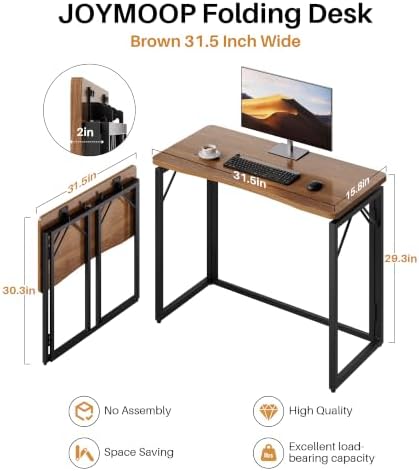 JOYMOOP 31.5" Brown Folding Desk, No Assembly, Wooden Top, Small Size