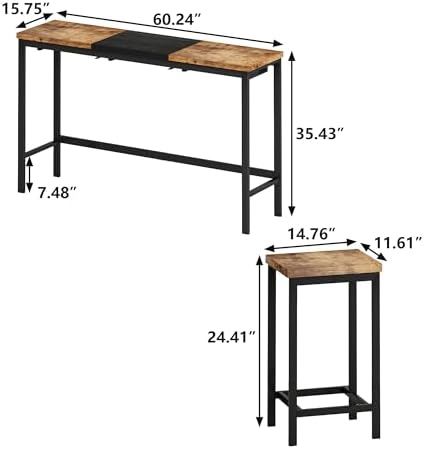 Bar Table and Chairs Set, 60.24” Long Pub Table with 3 Stools, High Top Table...