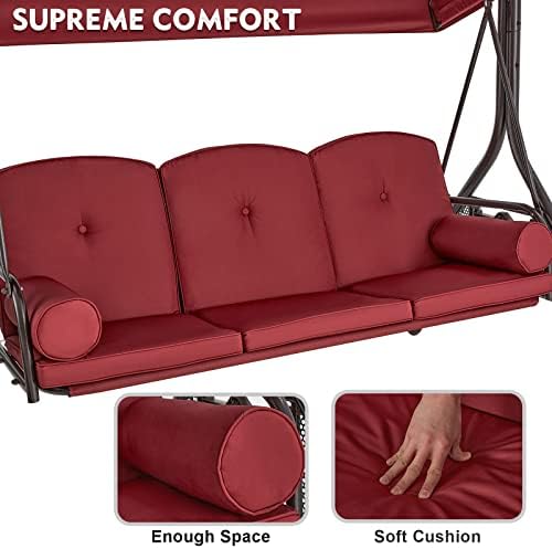 HOMREST 3 Seat Porch Swing with Adjustable Canopy, Patio Swing with Stand