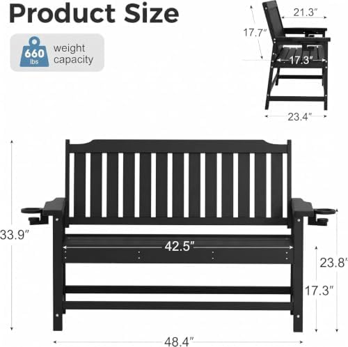 HDPE Outdoor Bench with Cup Holder All-Weather Fade Resistant Porch Bench