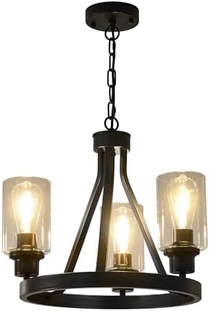 Bronze Chandelier,Farmhouse Chandelier Lighting Round 3 Lights with Glass Sha...