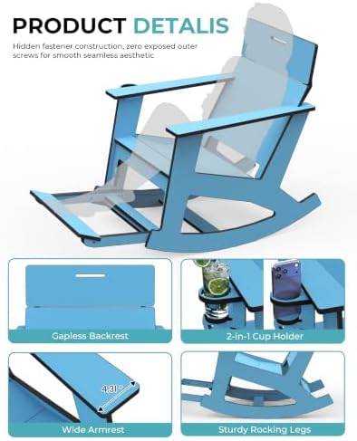 Ciokea Outdoor Rocking Chair with Pull-Out Footrest, Solid Backrest, Blue