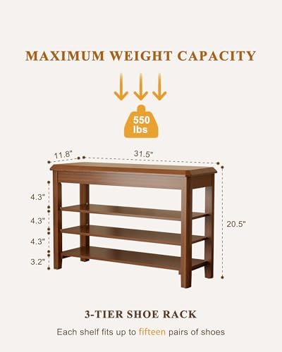 IUNVR Shoe Rack Bench Seat Rubberwood 3-Tier Wooden Storage Bench 550lbs Comp...