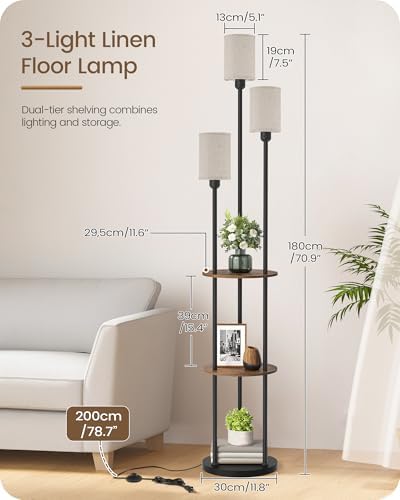 70.9" Floor Lamp with Shelves, Modern Floor Lamp with 3 Linen Shades and...