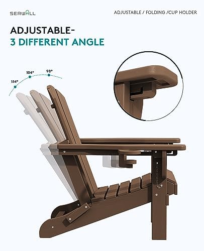 SERWALL Folding Adjustable Adirondack Chairs Set of 2, Cup Holders, Brown