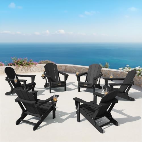 SERWALL Folding Adirondack Chair with Cup Holder Set of 2, Fire Pit - Black