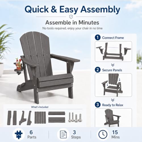 Folding Adirondack Chair with Cup Holder and Phone Holder, Heavy Duty HDPE Pl...