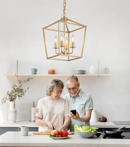 Industrial 4 Lights Chandelier, Gold Lantern Ceiling Light Fixtures with Rust...