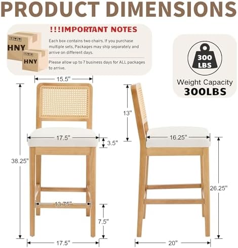 HNY Rattan Counter Bar Stools Set of 4, Farmhouse Bar Stools with Back and Wo...