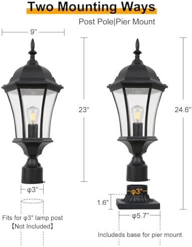 24 Inch Large Dusk to Dawn Outdoor Post Lights Aluminum Black Exterior Post P...
